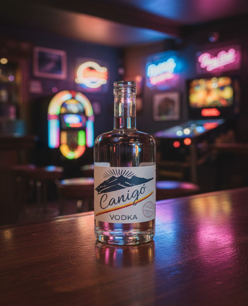 Bouteille de Vodka française de marc de raisin Canigó Catalan Social Club posée dans un bar ambiance vintage