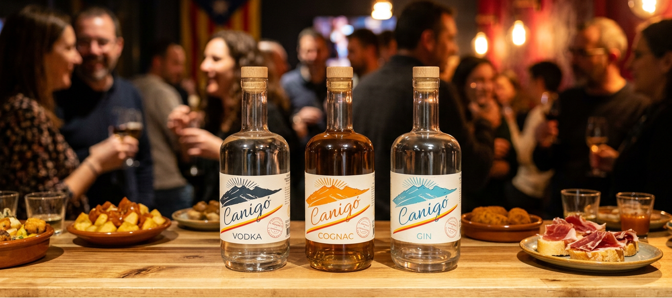 bouteilles de vodka gin et cognac Canigó alignées sur un comptoir en bois dans une ambiance de bar tapas conviviale avec silhouettes en arrière plan