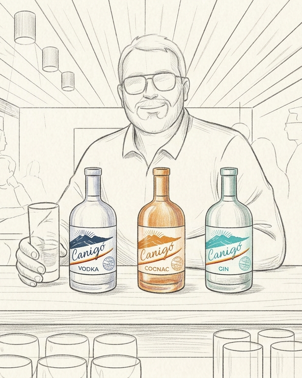 croquis au crayon fin d un barman derrière un comptoir avec trois bouteilles de vodka cognac et gin Canigó mises en avant et silhouettes de clients en arrière plan