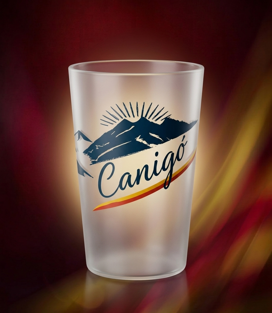 gobelet plastique réutilisable Canigó avec illustration montagne bleue soleil et bande catalane rouge et jaune
