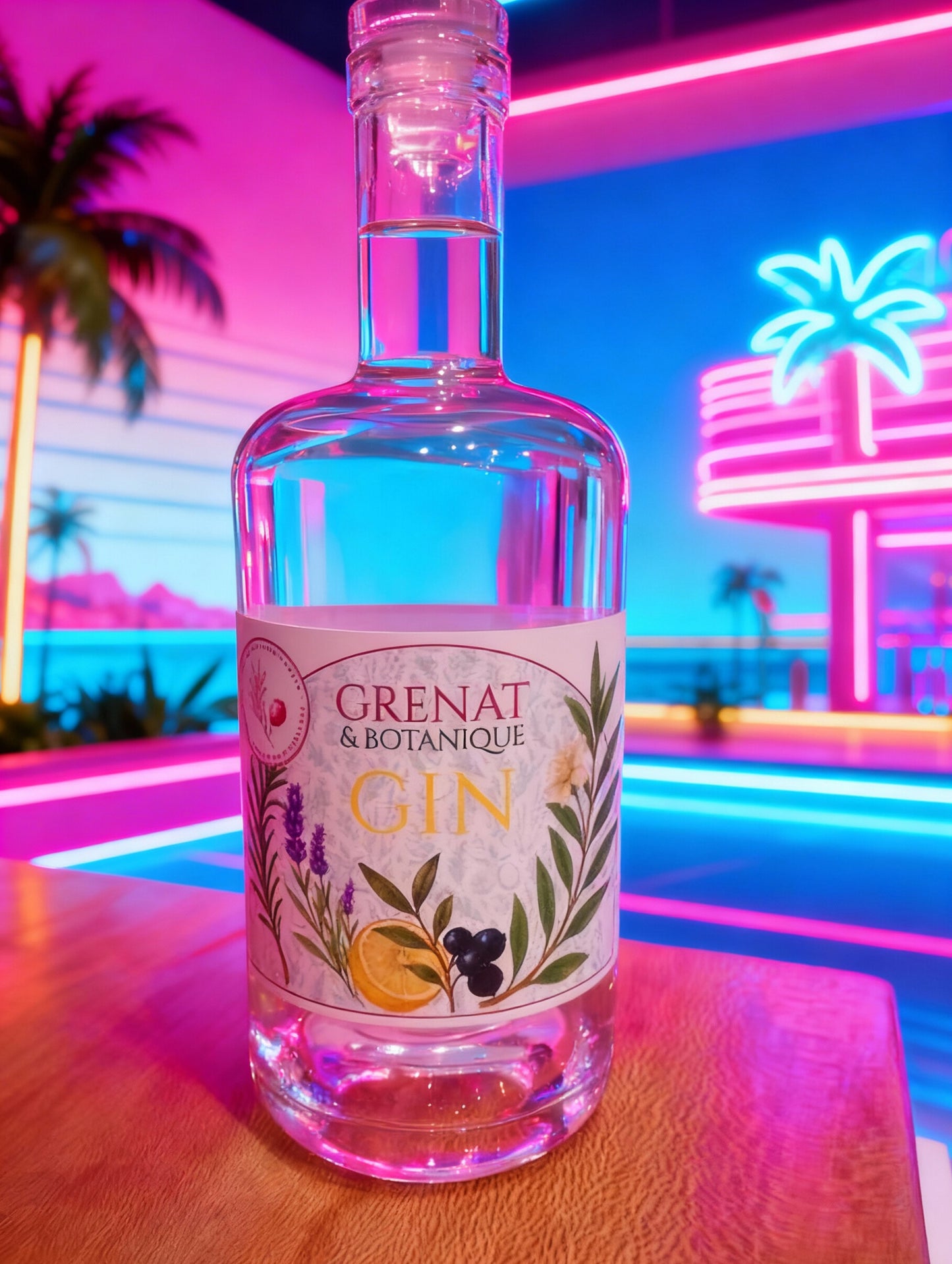 bouteille de gin Grenat et Botanique posée sur un comptoir devant un décor néon rose et bleu
