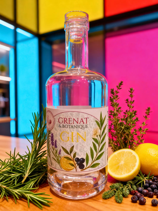bouteille de gin Grenat et Botanique mise en scène avec herbes aromatiques citron et baies devant un fond coloré