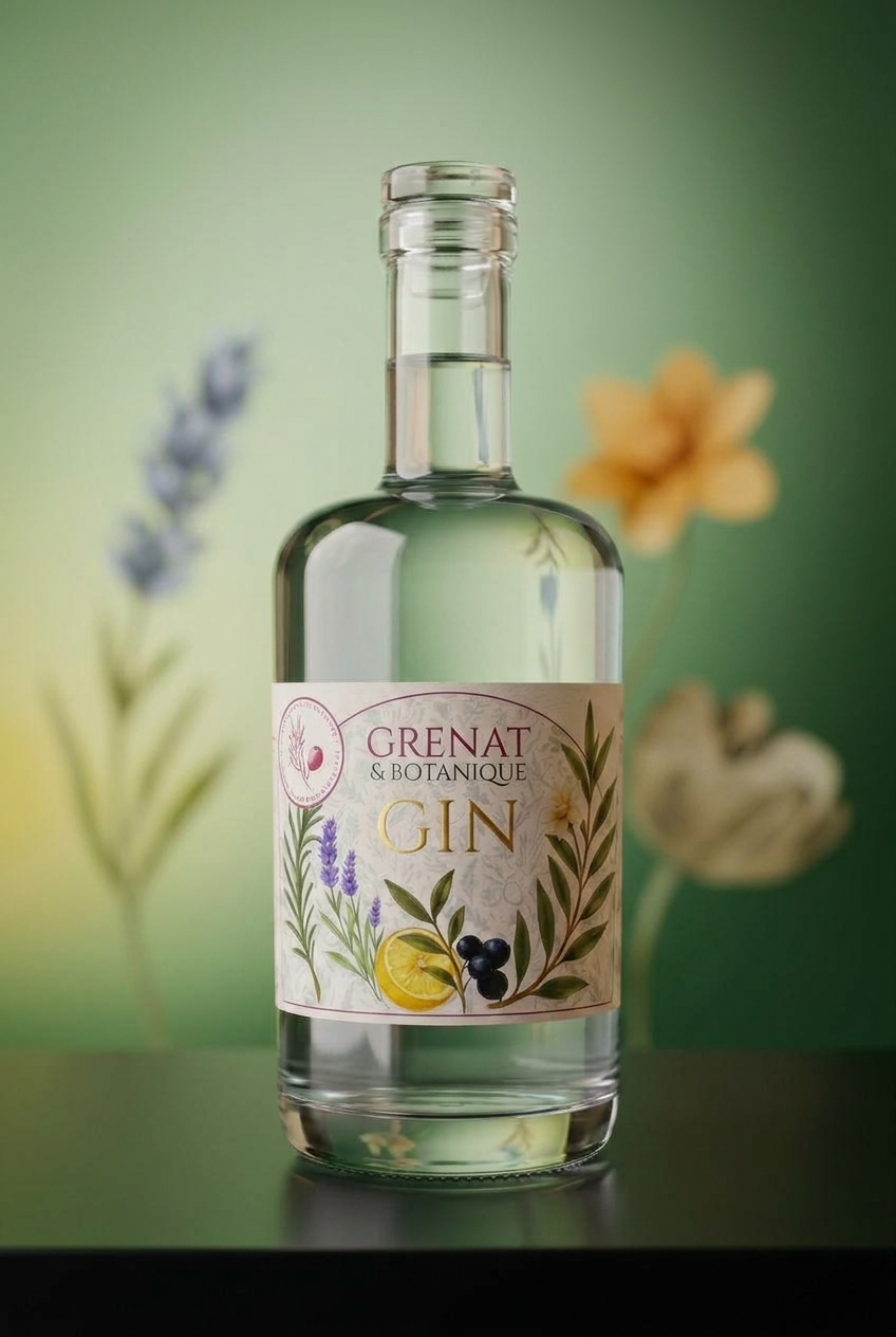 Bouteille de gin classique sur socle sombre, devant un fond vert botanique flou façon studio 