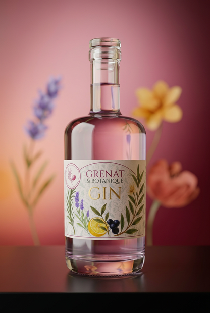 Bouteille de gin Grenat & Botanique sur fond fleuri minimaliste