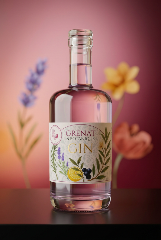 Bouteille de gin Grenat & Botanique sur fond fleuri minimaliste