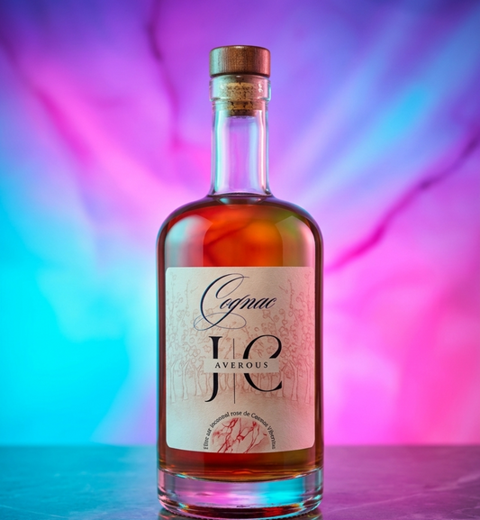 Bouteille de Cognac JC AVEROUS. Photographie d'une bouteille de vodka en verre transparent avec son étiquette distinctive.