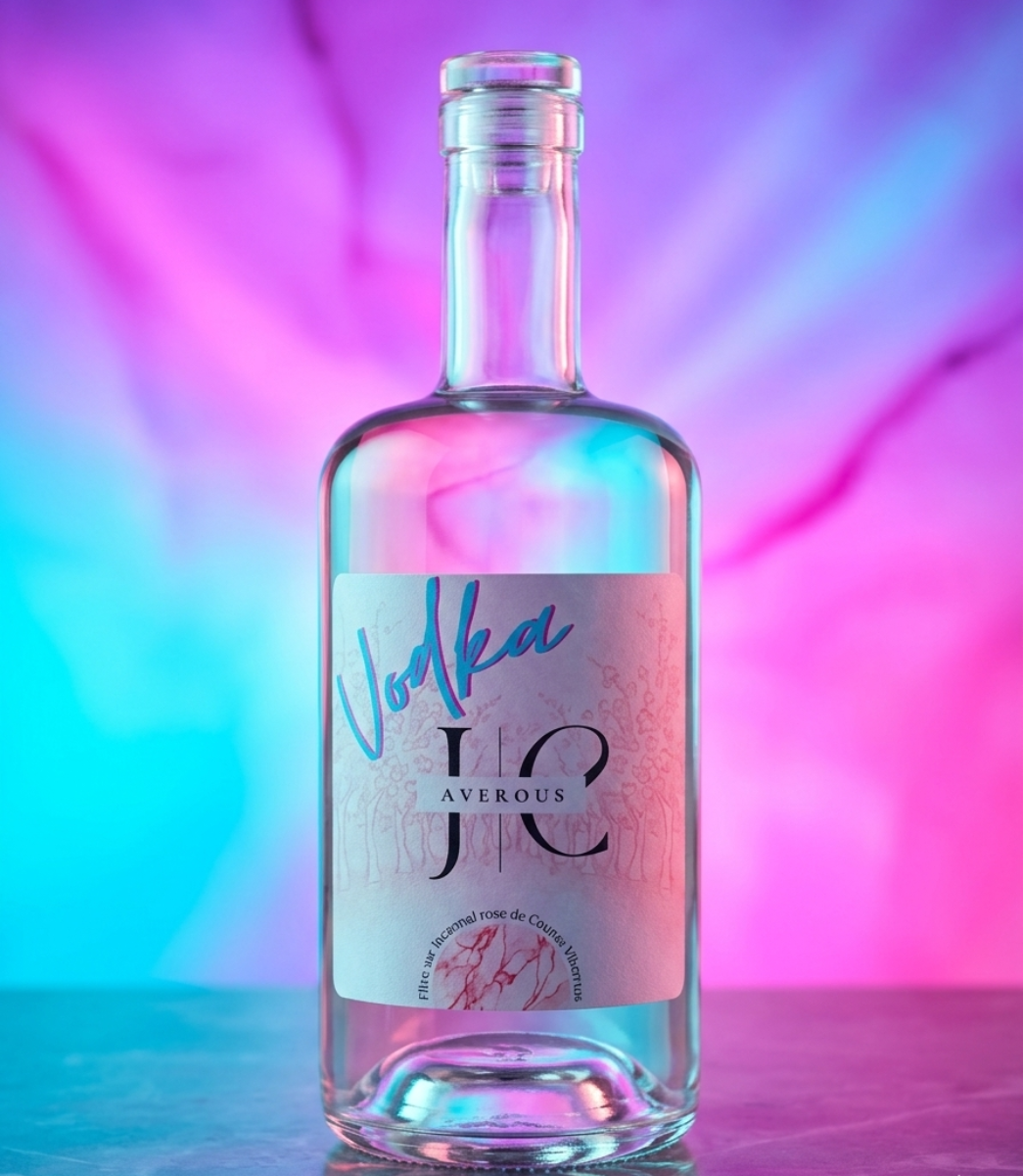 Bouteille de Vodka JC AVEROUS. Photographie d'une bouteille de vodka en verre transparent avec son étiquette distinctive.