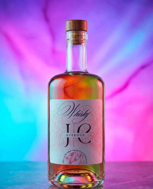 Bouteille de Whisky JC AVEROUS. Photographie d'une bouteille de vodka en verre transparent avec son étiquette distinctive.