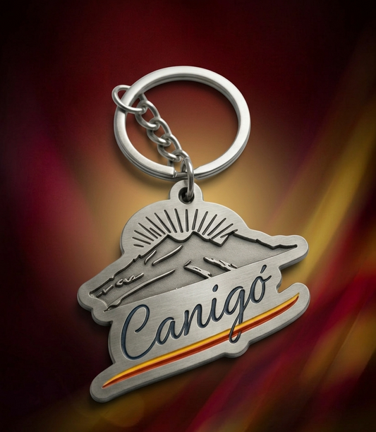 porte clés métal Canigó avec relief de montagne et bande catalane rouge et jaune