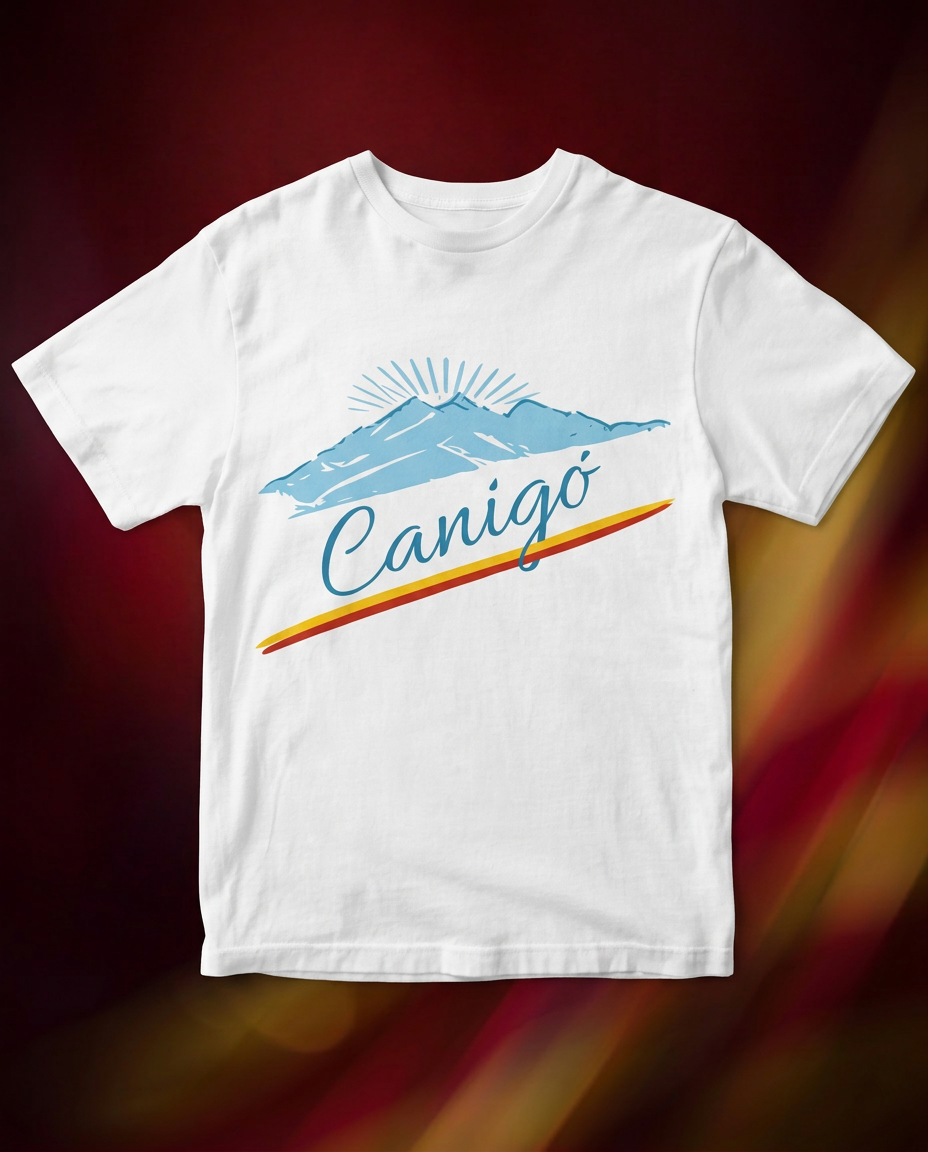 t shirt blanc Canigó avec illustration montagne bleue soleil levant et bande catalane rouge et jaune