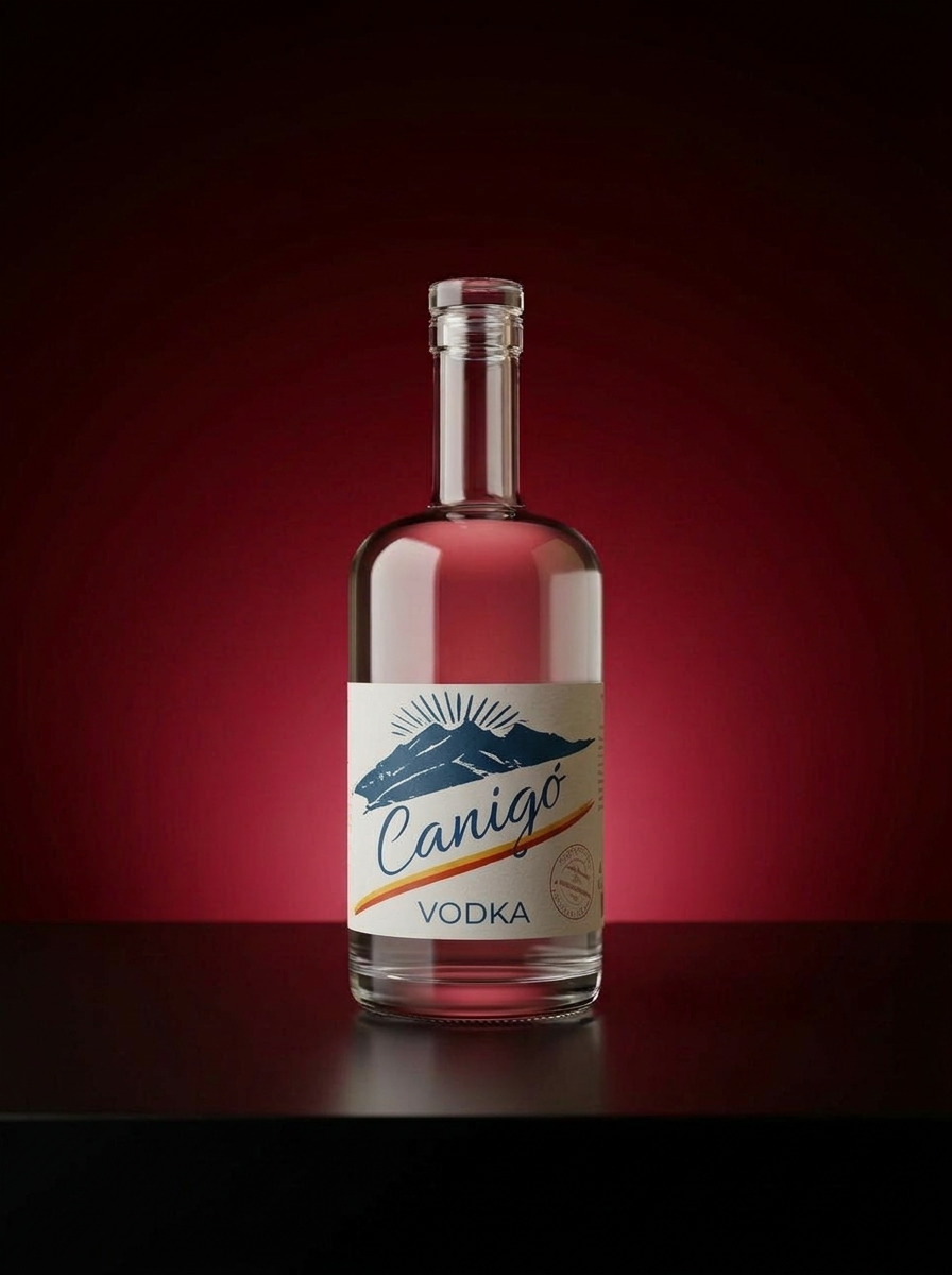Bouteille de vodka française Canigó produite à partir de marc de raisin filtrée sur grenat catalan