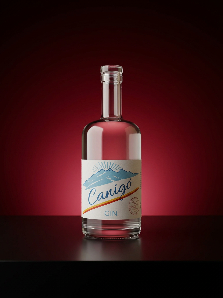 bouteille de gin Canigó centrée sur un fond dégradé rouge bordeaux avec étiquette blanche montagne bleue et ombre douce sur un plan sombre