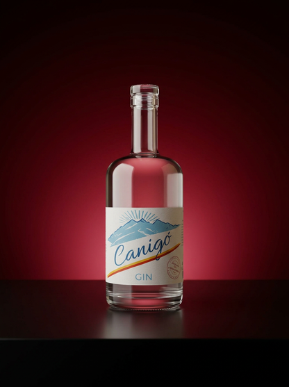 bouteille de gin Canigó centrée sur un fond dégradé rouge bordeaux avec étiquette blanche montagne bleue et ombre douce sur un plan sombre