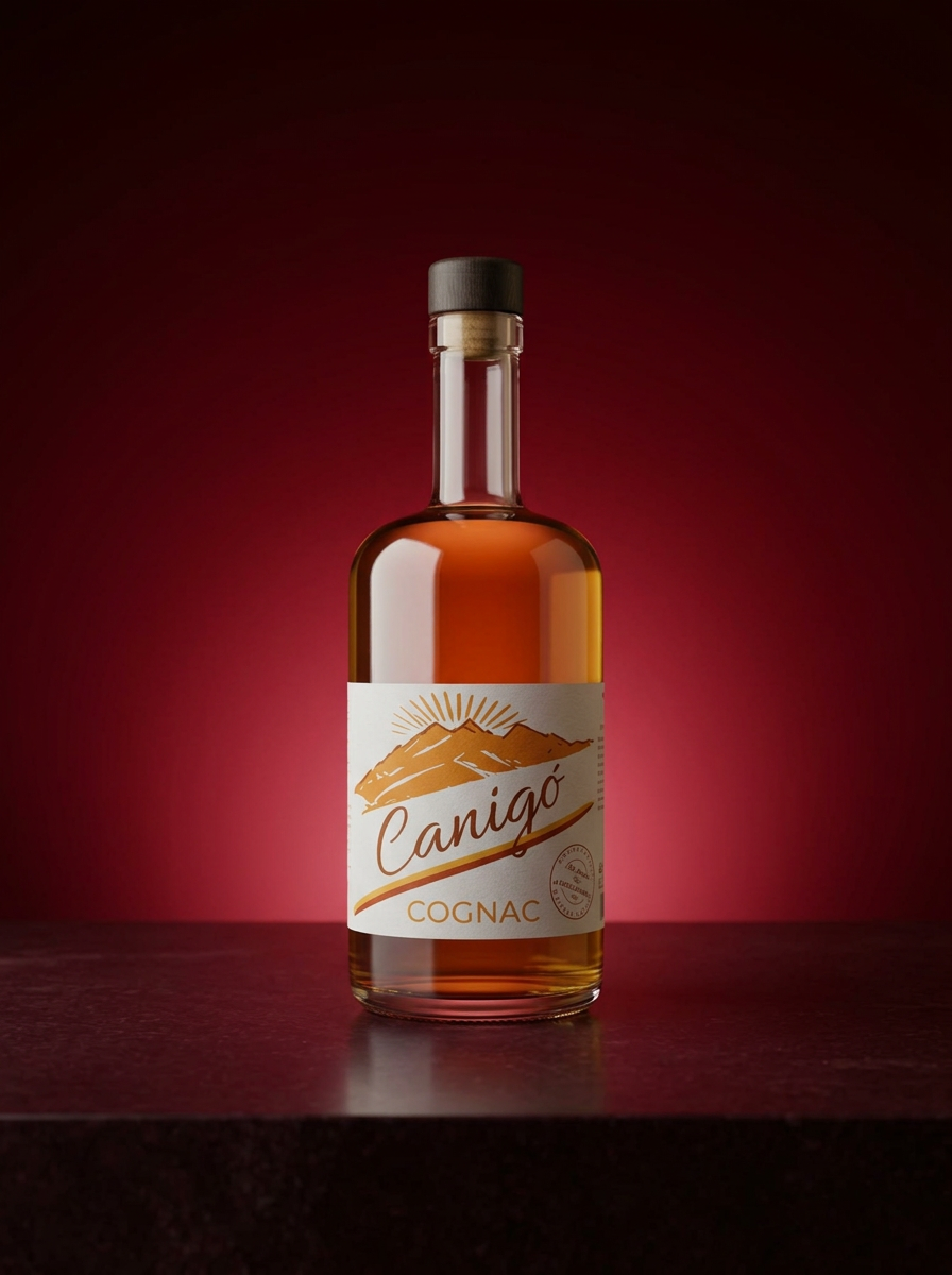 bouteille de cognac Canigó centrée sur un fond dégradé rouge bordeaux avec étiquette montagne orange et ombre douce sur le plan sombre