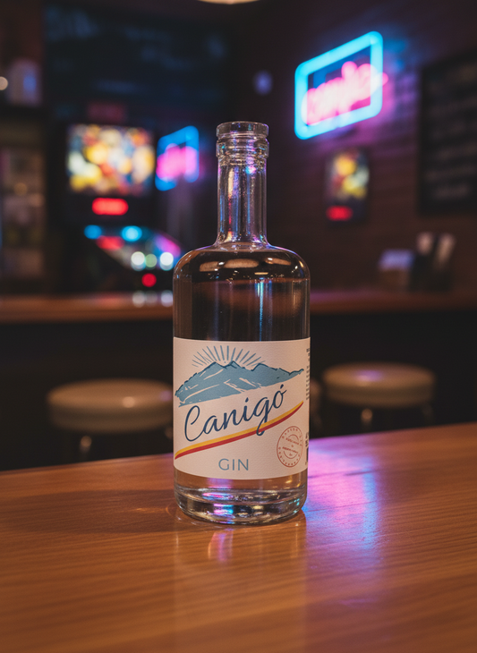 Bouteille de Gin français de marc de raisin Canigó Catalan Social Club posée dans un bar ambiance vintage
