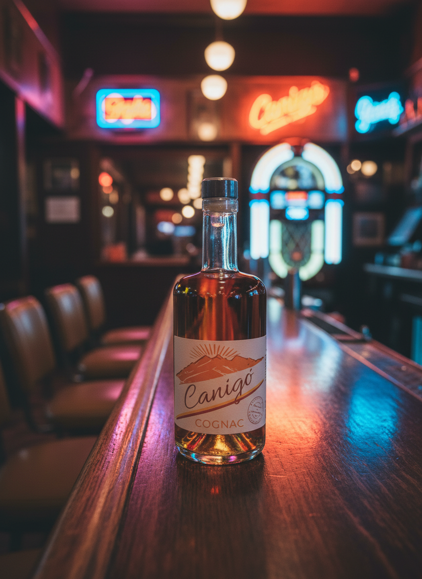 Bouteille de Cognac Canigó Catalan Social Club posée dans un bar ambiance vintage